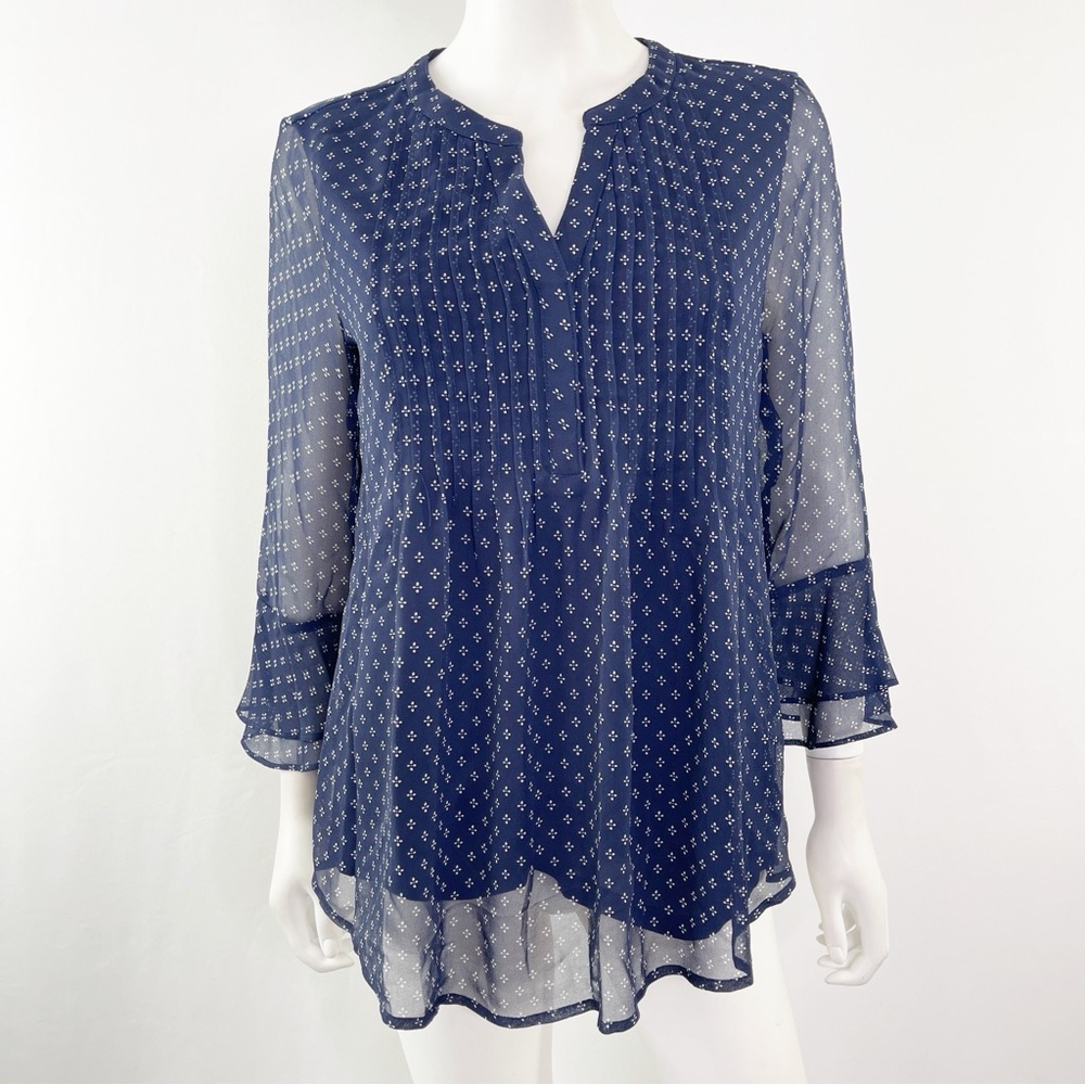 Charter Club Top Blue Floral Pleated Chiffon Blouse with 3/4 Sleeves Size S